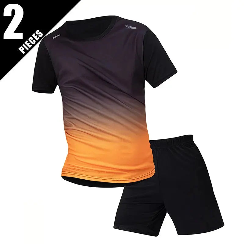 Men's Seasonal Sports Short Sleeve Top & Running Shorts Set – Gradient Quick Drying Multi-Colour Casual Set - Rehmiar