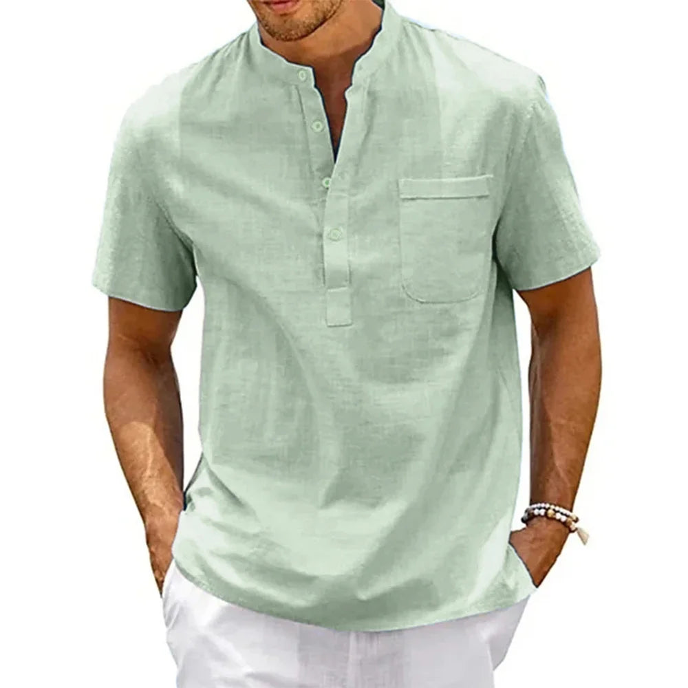 Cotton Linen Henley Neck Casual Shirt - Rehmiar
