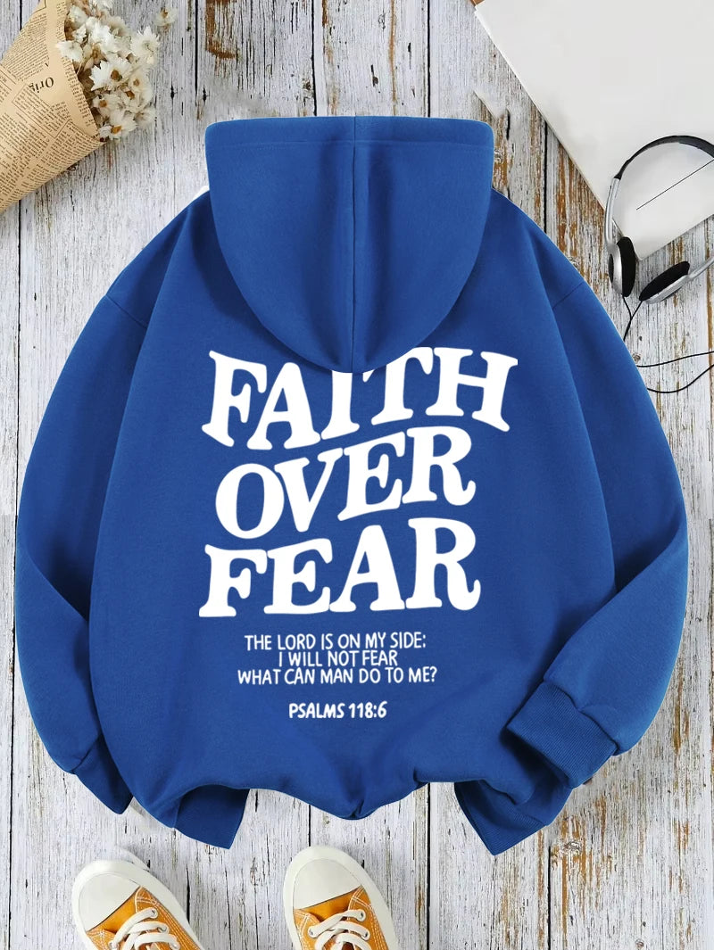 Casual Women's Hoodies Faith Over Fear Letter Printing Sweatshirts Fleece Warm Comfortable Pocket Pullovers Autumn Streetwear