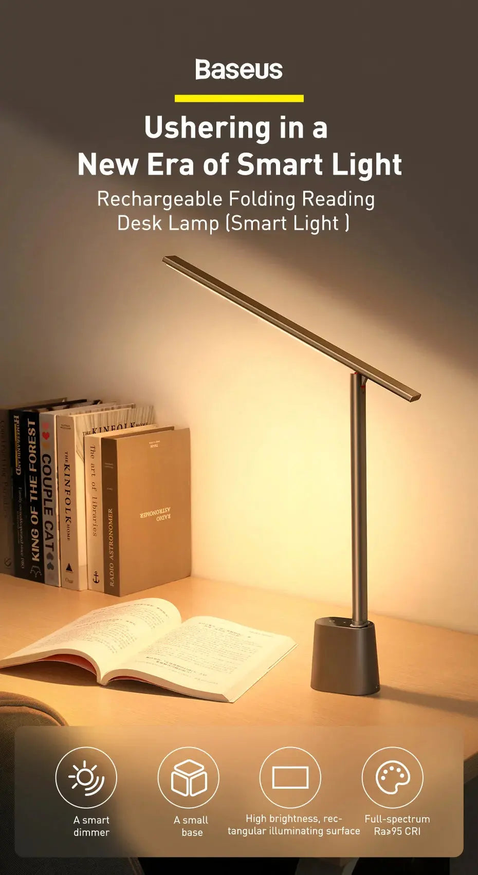 Baseus 180° Foldable LED Desk Lamp – Rechargeable, Auto Dimming, Eye Protection for Study & Reading - Rehmiar