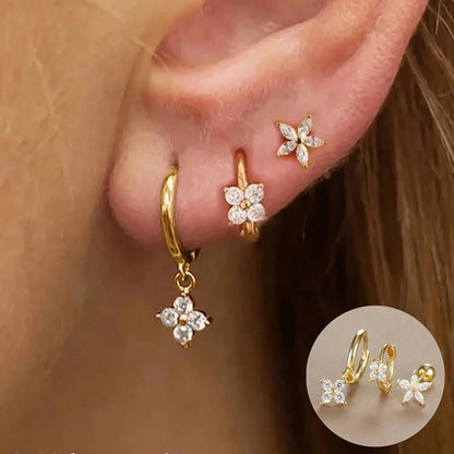 3PCS Stainless Steel Gold Colour Crown Stud Earring Set for Women 14K Gold Plated Crystal Zircon Unique Horse Eye Earring Jewellery