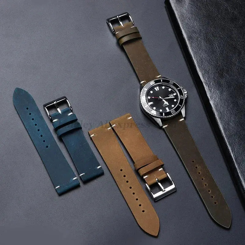 Cowhide Strap for Seiko, Omega 18mm 20mm 21mm 22mm Vintage Oil Wax Leather Handmade Stitching Wristbands - Rehmiar