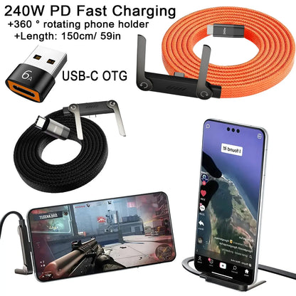 2-in-1 240W Fast Charging Foldable Bracket Cable – Type-C to Type-C & USB to Type-C with OTG Phone Stand - Rehmiar