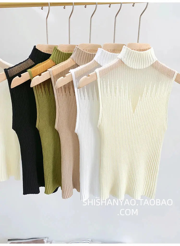 Mesh Knitted Tank Top Women – Y2K Half Neck Sleeveless Vest, Cut Out Streetwear, Solid Skinny Tube Top