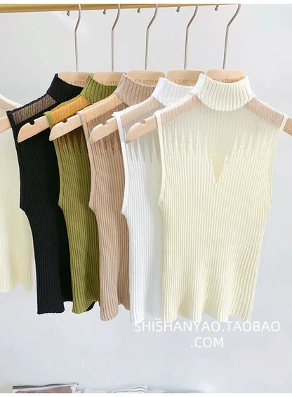 Mesh Knitted Tank Top Women – Y2K Half Neck Sleeveless Vest, Cut Out Streetwear, Solid Skinny Tube Top