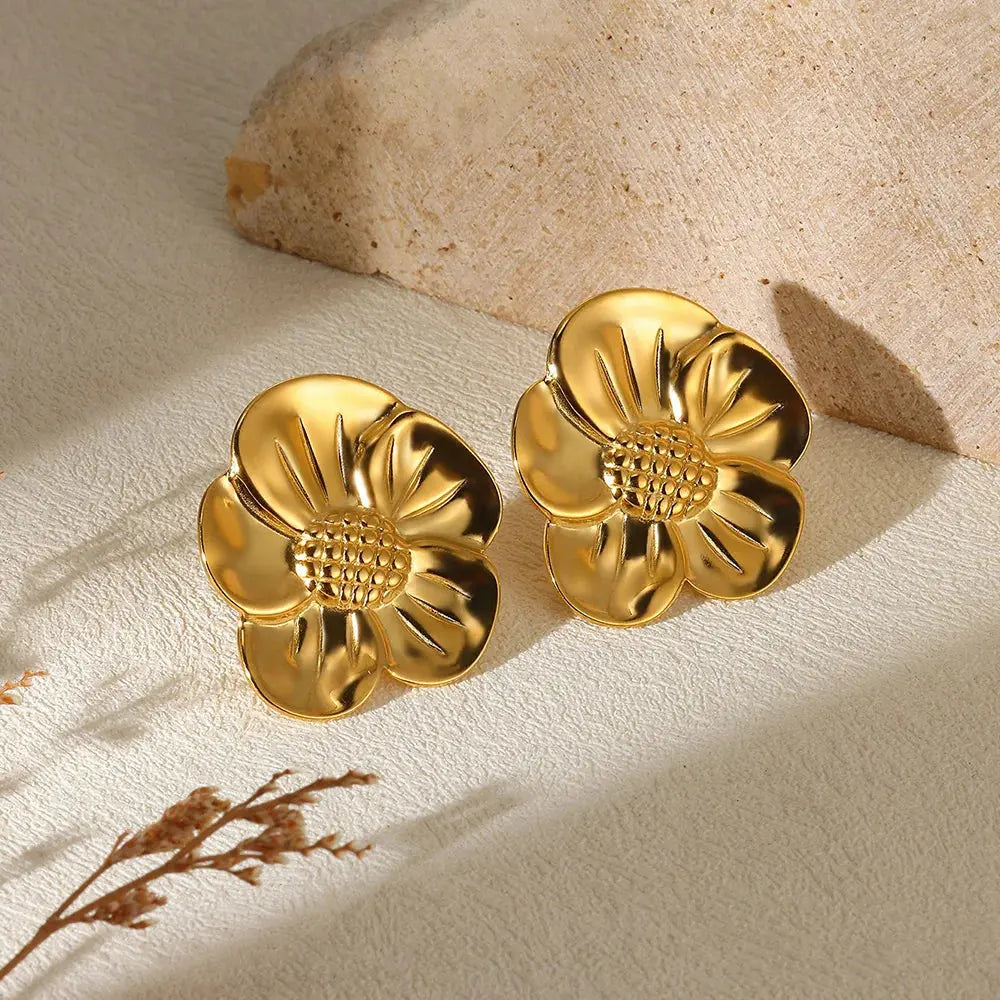 Geometric Flower Stainless Steel Earrings Women Sweet Sunflower Star Gold Colour Ear Jewellery