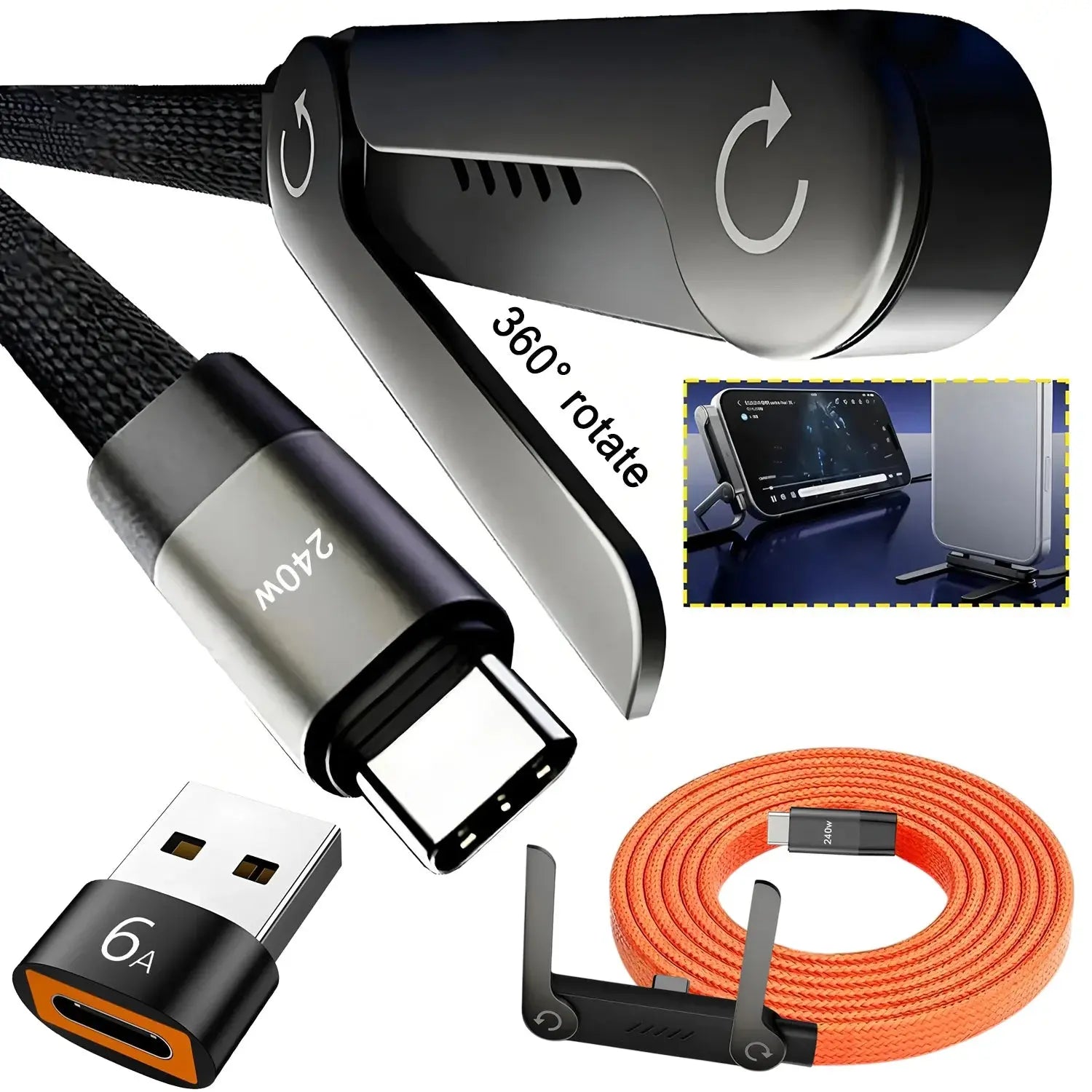 2-in-1 240W Fast Charging Foldable Bracket Cable – Type-C to Type-C & USB to Type-C with OTG Phone Stand - Rehmiar