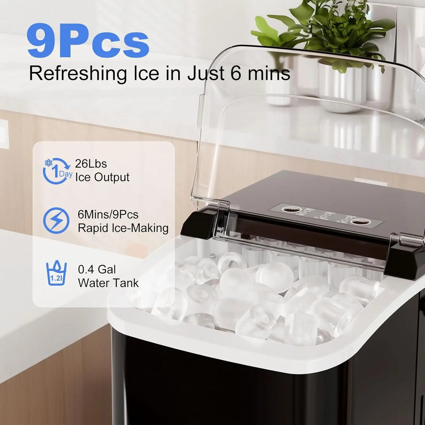 Portable Countertop Ice Maker – 26Lbs/24Hr, 9 Bullet Ice Cubes in 6 Mins, Auto-Cleaning for Home, Kitchen, RV & Camping