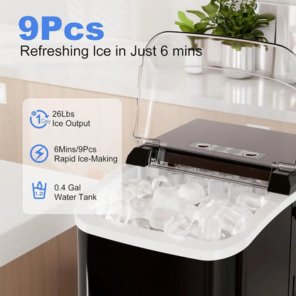 Portable Countertop Ice Maker – 26Lbs/24Hr, 9 Bullet Ice Cubes in 6 Mins, Auto-Cleaning for Home, Kitchen, RV & Camping