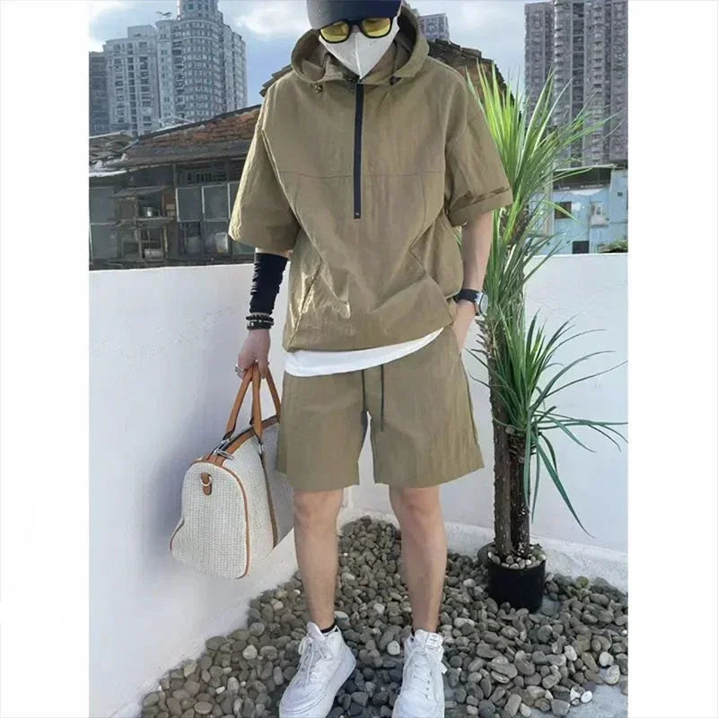 Summer Cargo Style Set Men's Casual Hooded Solid Short Sleeve