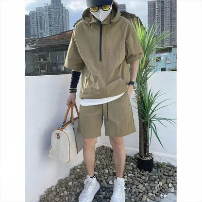 Summer Cargo Style Set Men's Casual Hooded Solid Short Sleeve - Rehmiar