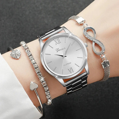 4PCS Set Rhinestone Luxury Steel Band Ladies Quartz Women Watches with Bracelets Set - Rehmiar