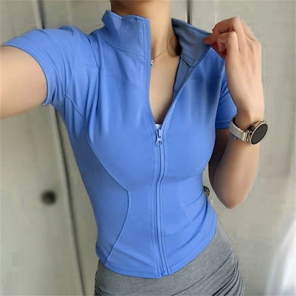 Summer Full Zipper Short Sleeves Slim Yoga Top with Stand Collar - Rehmiar