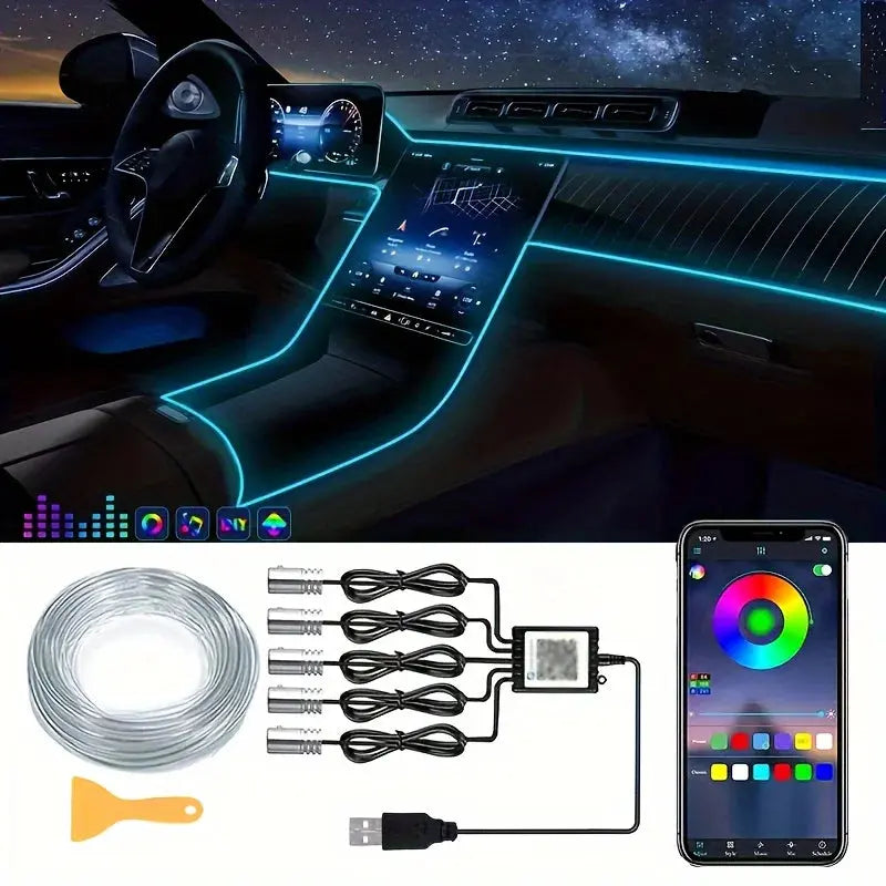 5-in-1 Car Interior LED Ambient Light Strip – 6M Fiber Optic Atmosphere Lighting Kit with APP & Remote Control - Rehmiar