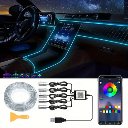 5-in-1 Car Interior LED Ambient Light Strip – 6M Fiber Optic Atmosphere Lighting Kit with APP & Remote Control - Rehmiar