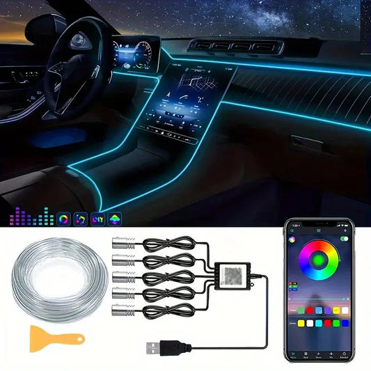 5-in-1 Car Interior LED Ambient Light Strip – 6M Fiber Optic Atmosphere Lighting Kit with APP & Remote Control - Rehmiar