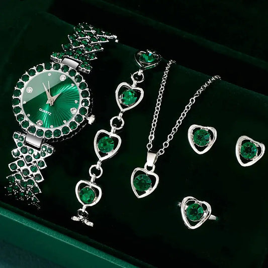 Fashion Heart Rhinestone Ring Necklace Earring Luxury Jewellery Set Quartz Wristwatch - Rehmiar