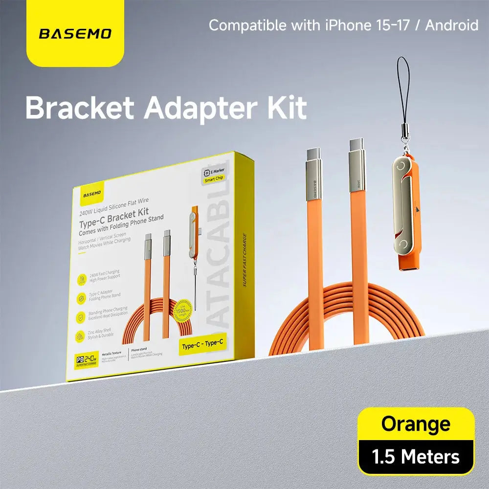 240W 2-in-1 Fast Charging Cable with Foldable Bracket – Type-C to Type-C Data Wire & Phone/Tablet Stand (Black/Orange) - Rehmiar