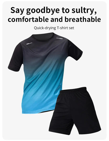 Men's Seasonal Sports Short Sleeve Top & Running Shorts Set – Gradient Quick Drying Multi-Colour Casual Set - Rehmiar