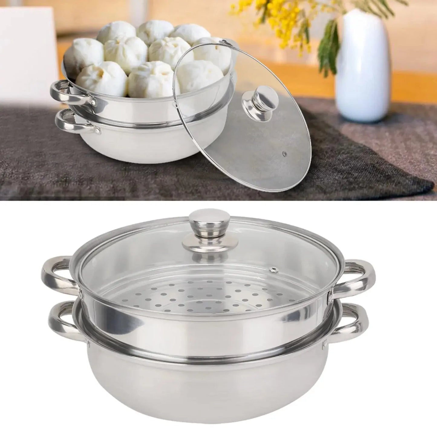 Stainless Steel 2-Layer Steamer Pot – 27cm/11in Double Boiler for Soup & Steaming, Kitchen Cookware - Rehmiar