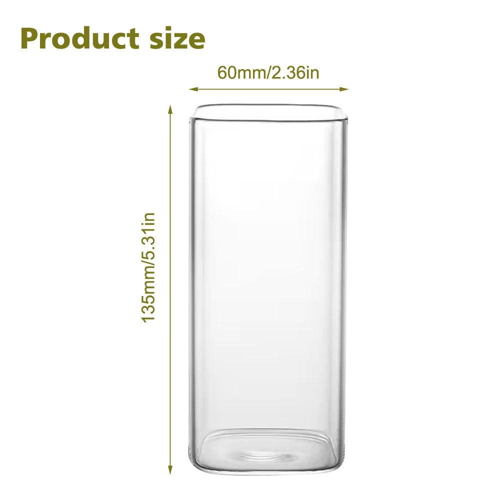 2Pcs Transparent Square Glass Cup with Lid and Straw Creative Hot and Cold Drink Glass Cup