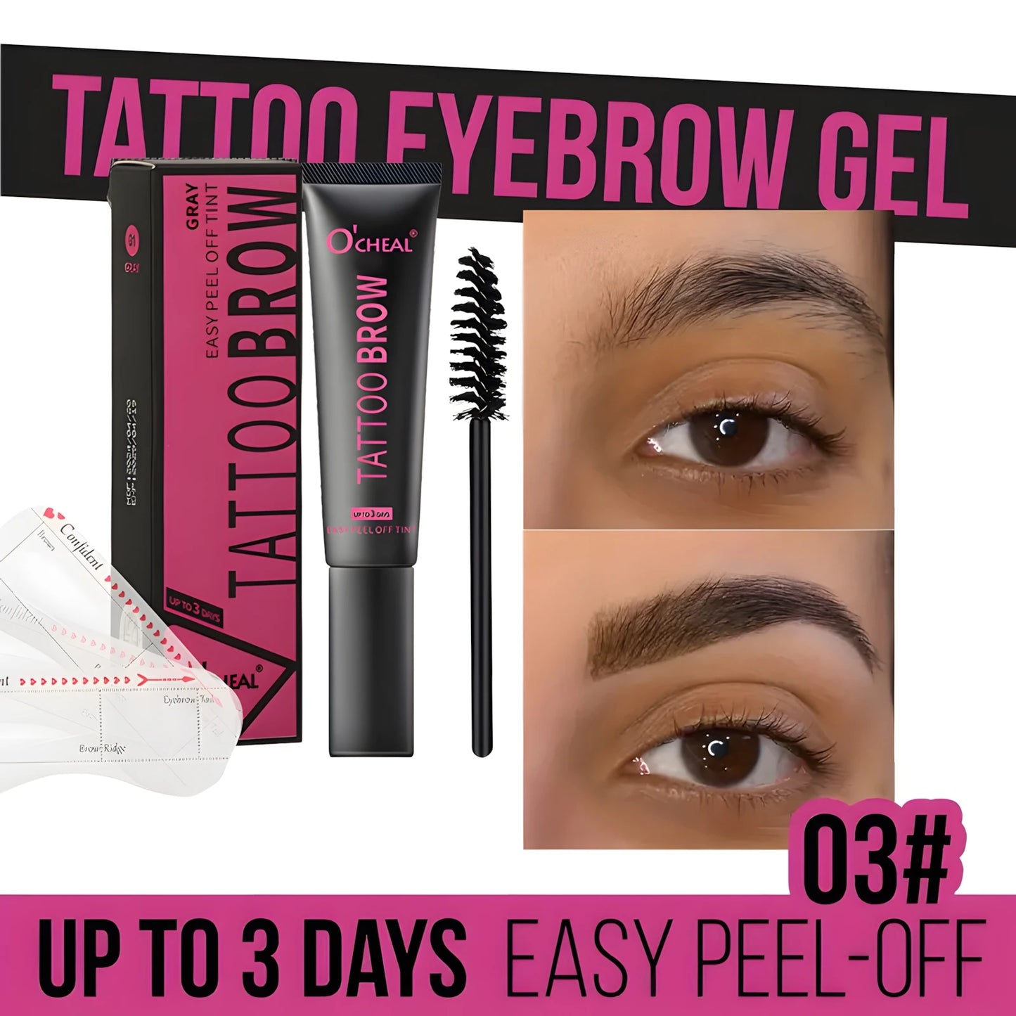 Waterproof Tattoo Brow Peel Off Tint with Stencils - Semi-Permanent Eyebrow Tint Lasts Up to 3 Days - Easy to Apply, Long-Lasting - Rehmiar