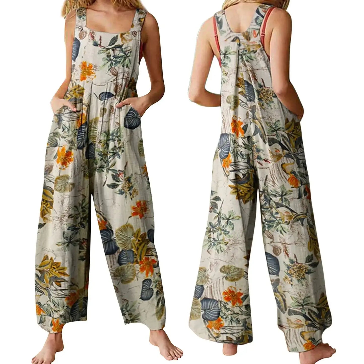 Combhasaki Women’s Cotton Linen Floral Jumpsuit – Square Neck Sleeveless Loose Fit Overalls with Pockets (S–3XL) - Rehmiar