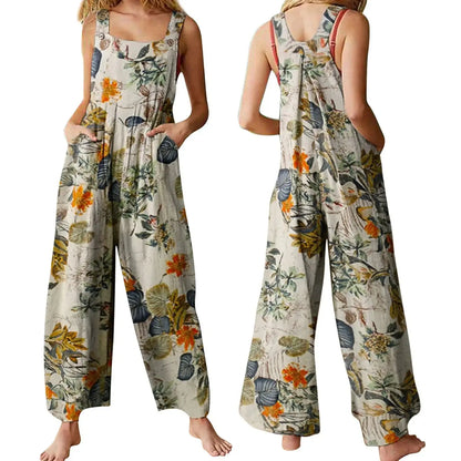 Combhasaki Women’s Cotton Linen Floral Jumpsuit – Square Neck Sleeveless Loose Fit Overalls with Pockets (S–3XL) - Rehmiar