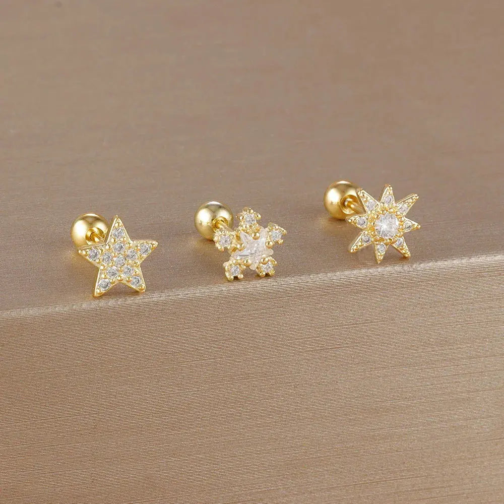 3PCS Stainless Steel Gold Colour Crown Stud Earring Set for Women 14K Gold Plated Crystal Zircon Unique Horse Eye Earring Jewellery