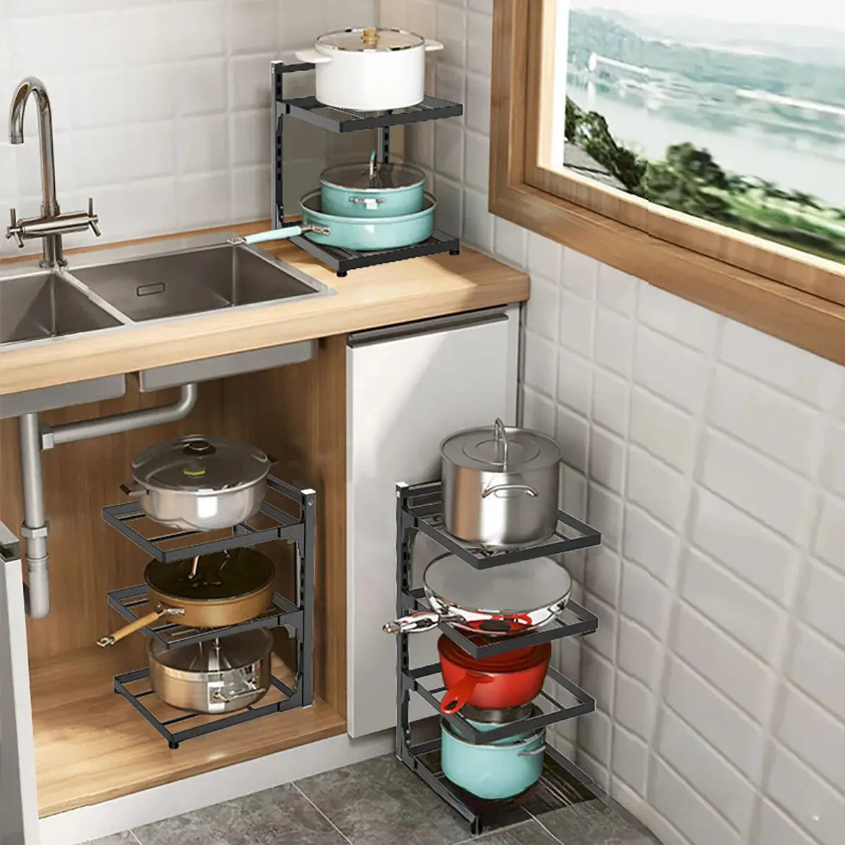 Adjustable Kitchen Shelf – 2-4 Tier Space-Saving Storage Rack for Pots, Under Sink & Corner Use - Rehmiar