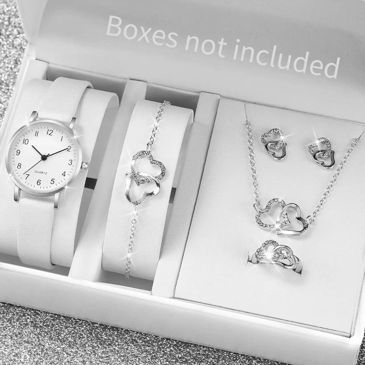 5–6PCS Women’s Fashion Quartz Watch Set – Leather Band Analog Watches with Diamond-Style Accents (No Box)