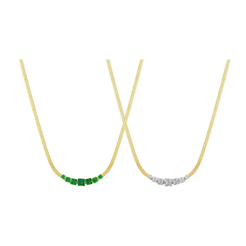 DIEYURO Stainless Steel Crystal Zircon Necklace – Green & White Luxury Snake Flat Chain for Women, Wedding Gift Rehmiar