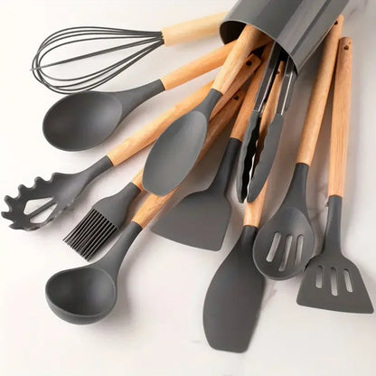 12pcs Set of Multi-color Silicone Wooden Handle Kitchenware Set Non Stick Pot Spatula and Spoon Cooking Utensils, Heat-resistant Rehmiar