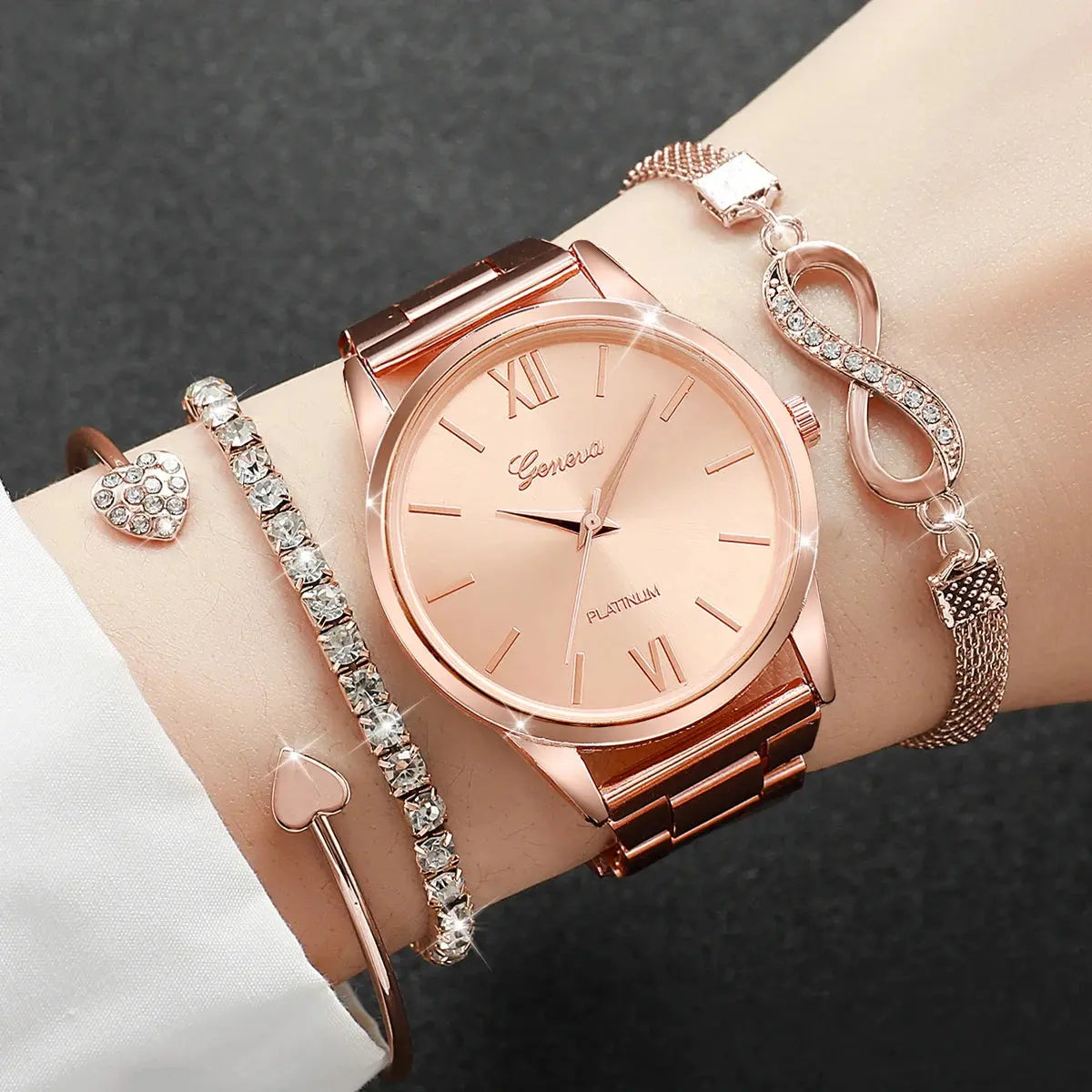 4PCS Set Rhinestone Luxury Steel Band Ladies Quartz Women Watches with Bracelets Set - Rehmiar