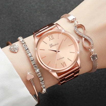 4PCS Set Rhinestone Luxury Steel Band Ladies Quartz Women Watches with Bracelets Set - Rehmiar