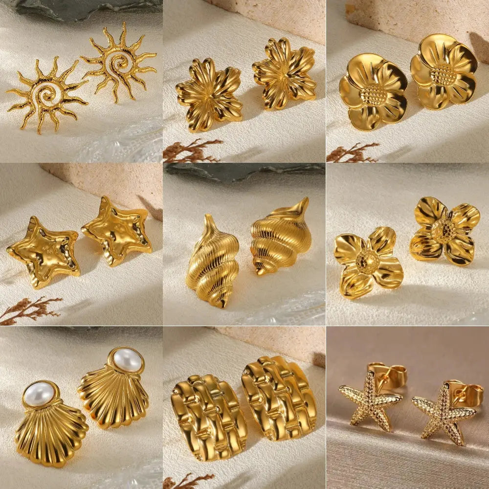 Geometric Flower Stainless Steel Earrings Women Sweet Sunflower Star Gold Colour Ear Jewellery