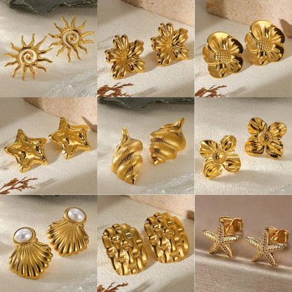 Geometric Flower Stainless Steel Earrings Women Sweet Sunflower Star Gold Colour Ear Jewellery
