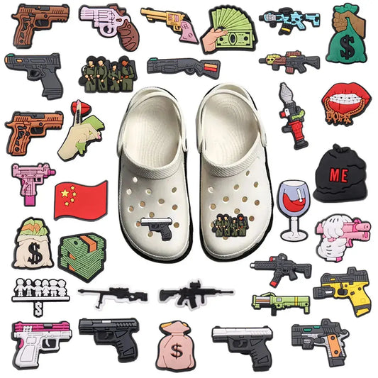 Cool PVC Shoe Charms for Clogs – Gun, Money, Wine & Flag Decorative Buckles - Rehmiar