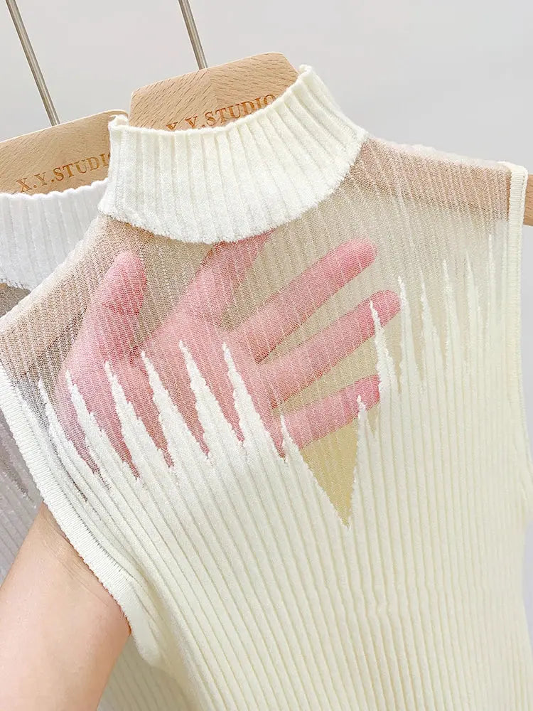 Mesh Knitted Tank Top Women – Y2K Half Neck Sleeveless Vest, Cut Out Streetwear, Solid Skinny Tube Top