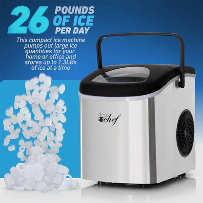 Compact Countertop Ice Maker – 26Lbs/24Hrs, 9 Bullet Ice Cubes in 6 Mins, Portable with Handle & Scoop, Stainless Steel