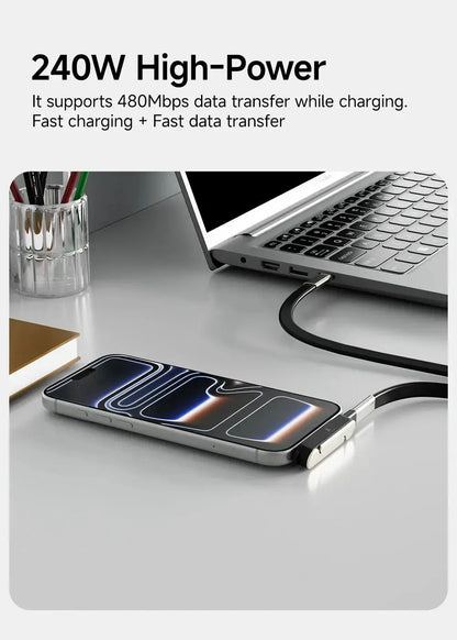 240W 2-in-1 Fast Charging Cable with Foldable Bracket – Type-C to Type-C Data Wire & Phone/Tablet Stand (Black/Orange) Rehmiar