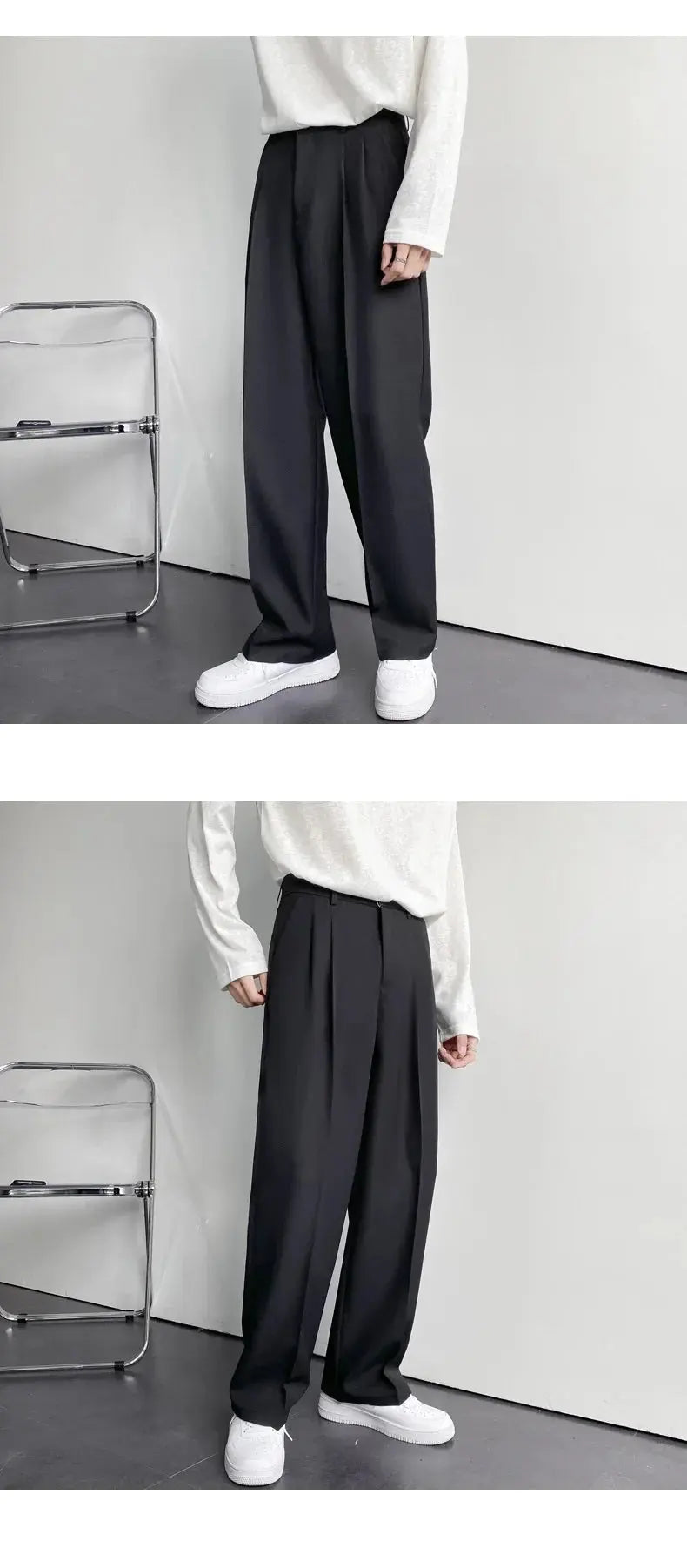 Men's Straight Pants – Korean Loose Fit Casual Draped Baggy Wide Leg Trousers, White Streetwear