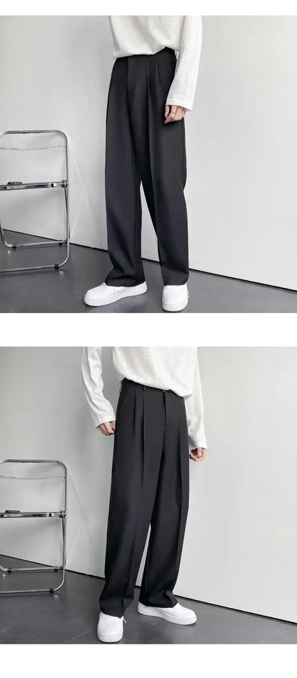 Men's Straight Pants – Korean Loose Fit Casual Draped Baggy Wide Leg Trousers, White Streetwear