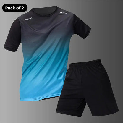 Men's Seasonal Sports Short Sleeve Top & Running Shorts Set – Gradient Quick Drying Multi-Colour Casual Set - Rehmiar