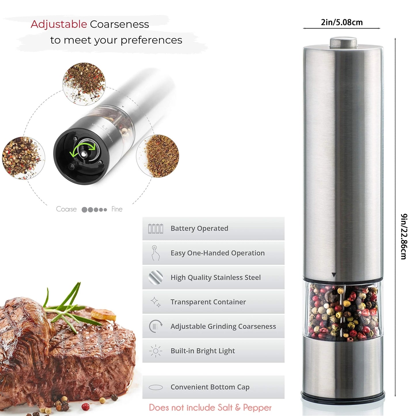 Electric Salt and Pepper Grinder Set – One-Handed Operation Stainless Steel Spice Mill with Light, Automatic for Kitchen