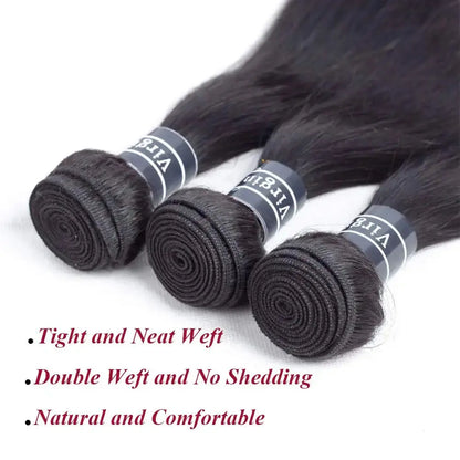 Three bundles of hair extensions with visible branding on a white background, featuring text about the product's qualities.