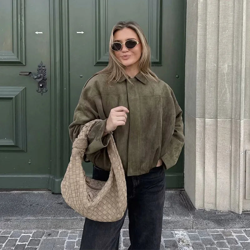 Women's Bomber Jacket Coats Turn-down Collar Long Sleeve Loose Coats Vintage Female Outerwear