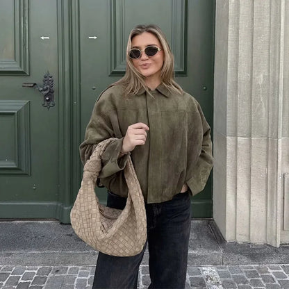 Women's Bomber Jacket Coats Turn-down Collar Long Sleeve Loose Coats Vintage Female Outerwear