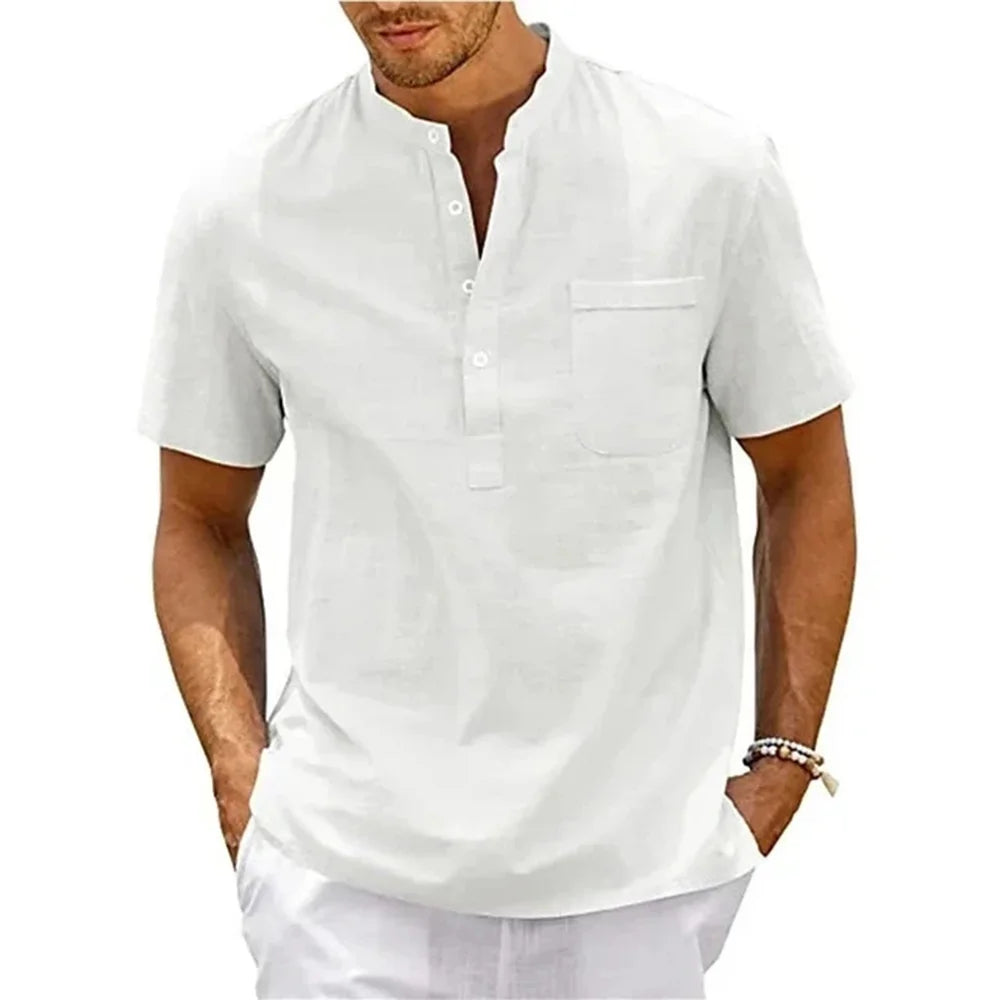 Cotton Linen Henley Neck Casual Shirt - Rehmiar