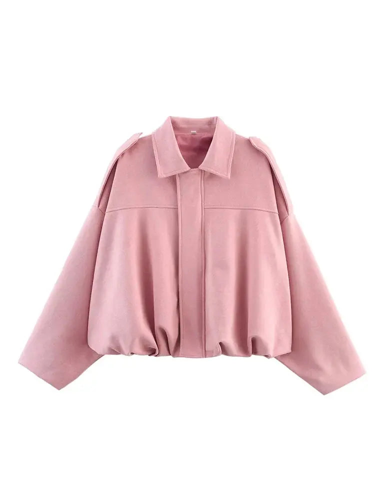 Women's Suede Bomber Jacket – Long Sleeve Zipper Oversize Solid Coat, Chic Streetwear - Rehmiar
